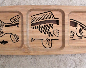 Angler  Fishing Triptych Wall Art Decor Wall Hanging recycled re-purposed Bambo Tray