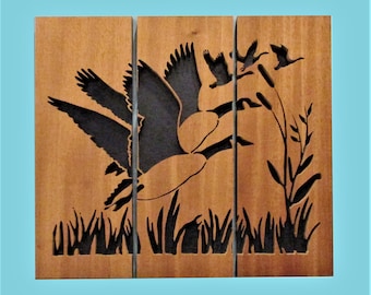 Canada Geese Take Flight Triptych Wall Art mahogany Scroll Sawn