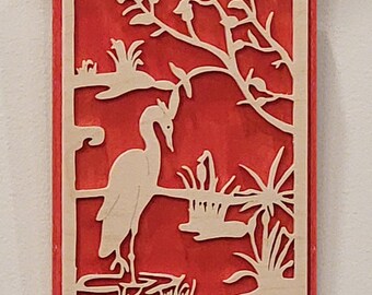 Graceful Heron On lake Wood Scene Framed Scroll Saw hand cut