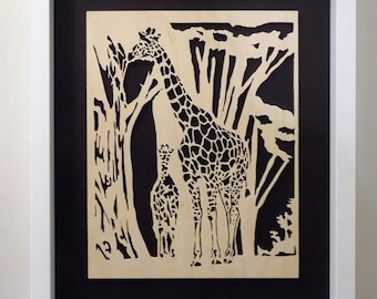 African Giraffes Scene Wood Picture Hand Cut Scroll Sawn Animal Portrait Wall Hanging