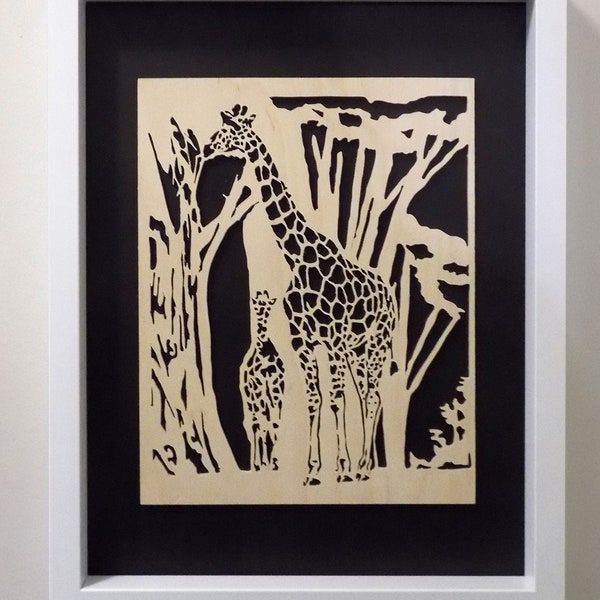 African Giraffes Scene Wood Picture Hand Cut Scroll Sawn Animal Portrait Wall Hanging