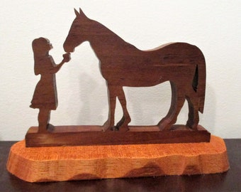 Young Girl and Horse Wood Scrolled Sculpture Desk Mantelpiece Display