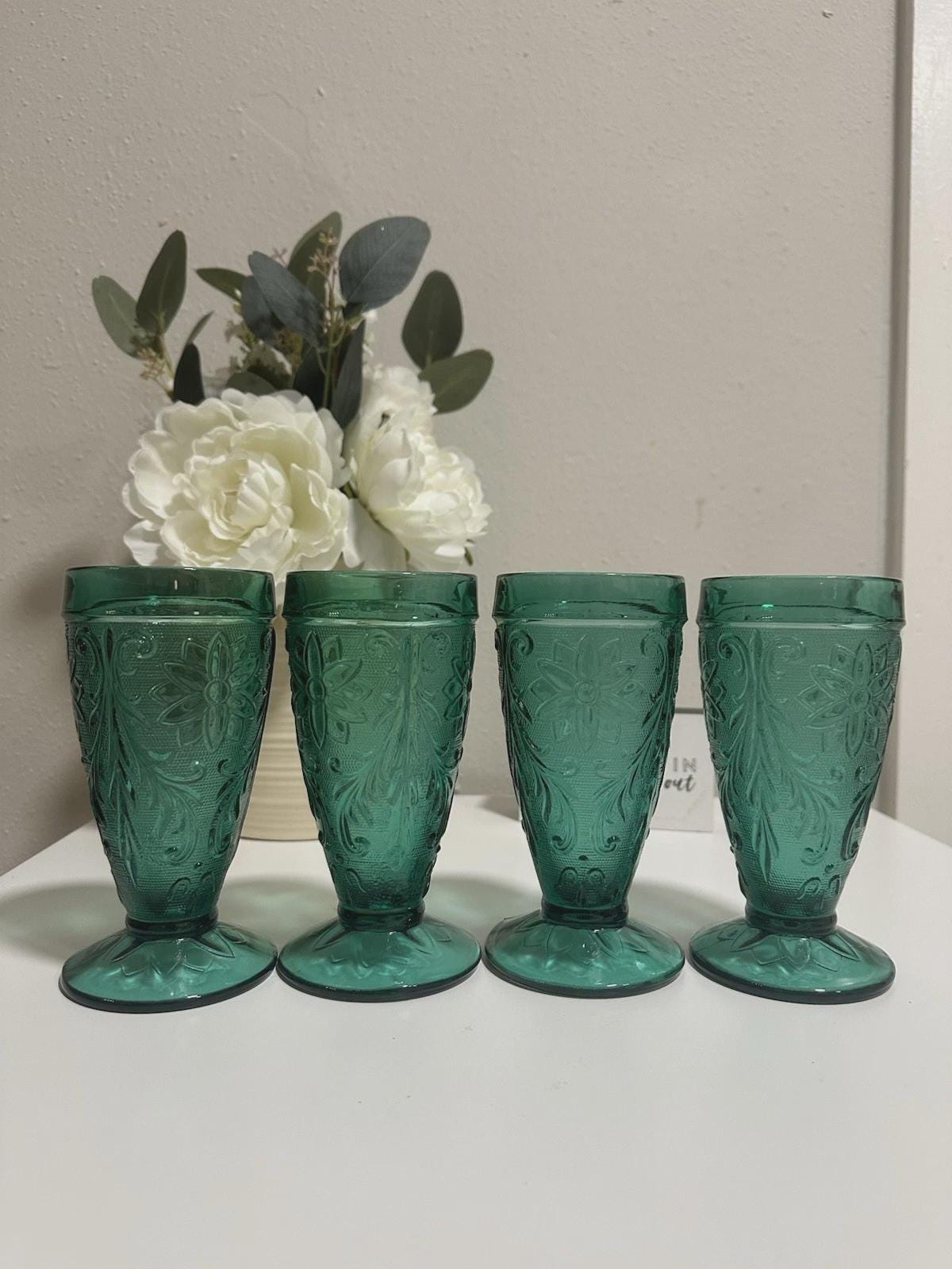 Set of 4 Vintage Tiara Sandwich Indiana Glass Spruce Green Iced Tea Goblets 6"