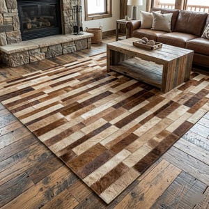 Handmade Cowhide Patchwork Rug, Geometric Leather Area Carpet, Rustic Farmhouse Living Room