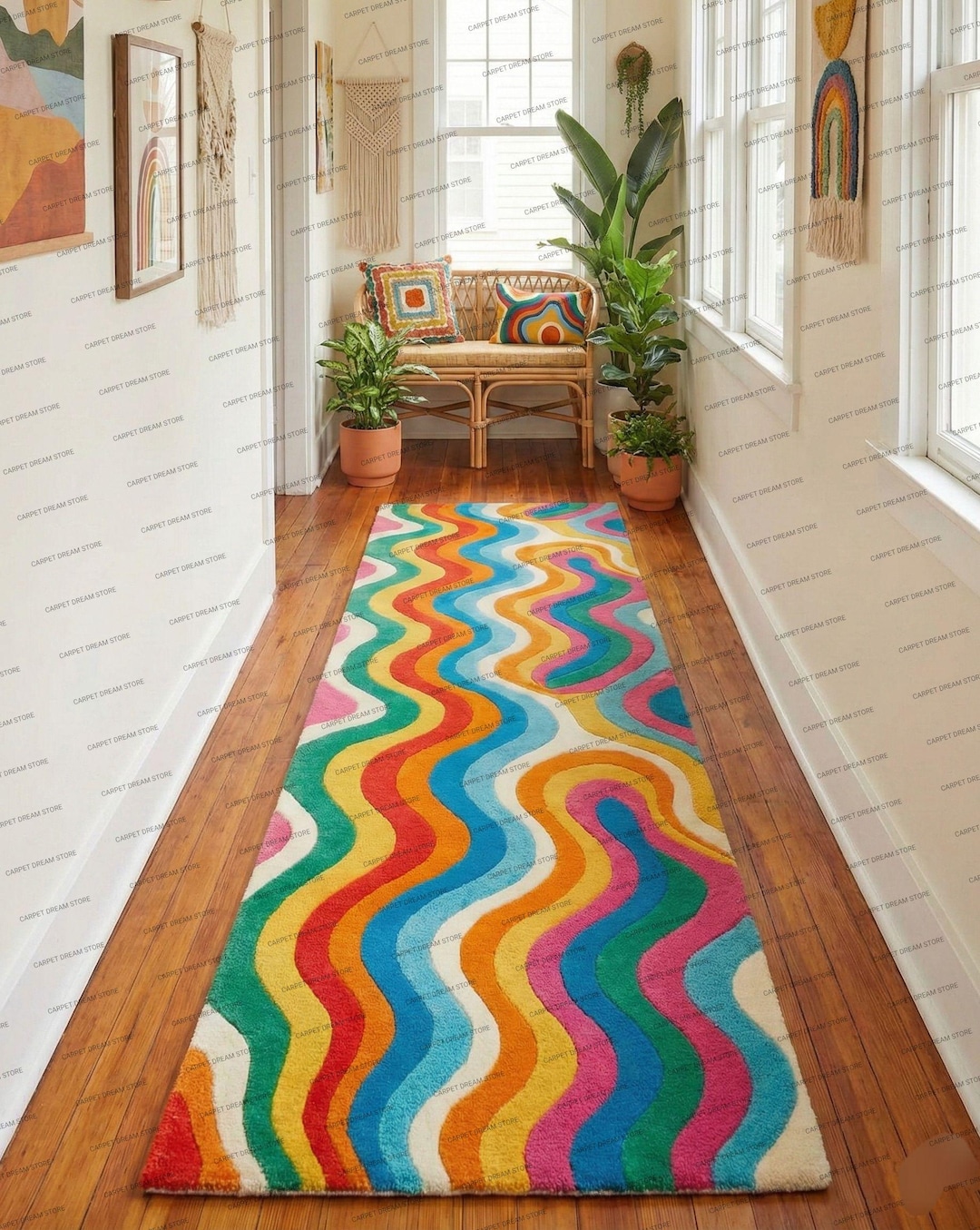 Groovy Wavy Rainbow Runner Rug - Retro 70s Colorful Abstract Tufted ...