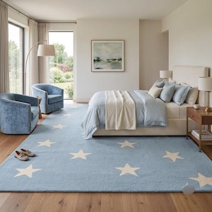Alfombra de lana tejida a mano con diseño de estrellas, color azul crema, decoración moderna para habitación infantil.