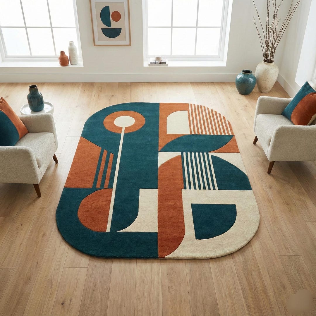 Mid-century Modern Oval Rug - Teal Rust Geometric Wool Area Rug - Etsy