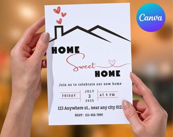 Modern Housewarming Invitation, Home Sweet Home, Canva Template (Digital)