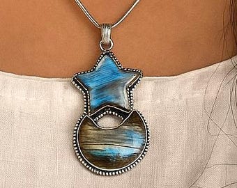 ラブラドライトの月と星の形の宝石ペンダント、ヴィンテージスタイルの