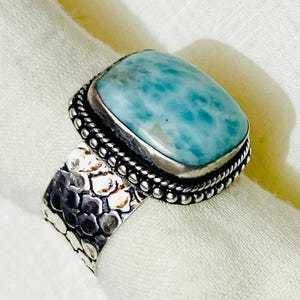 Handmade Larimar Statement Ring: Sterling Silver Vintage Boho Jewelry