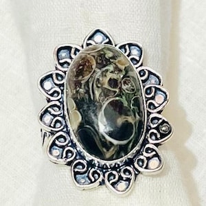 Turritella Agate Statement Ring: Handmade Boho Filigree 925 Silver