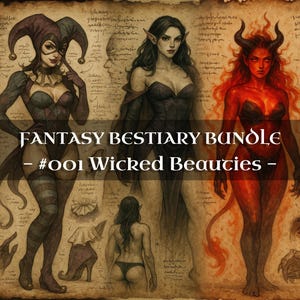 Lote de 30 Bellezas Malvadas: Vampiro, Arlequín, Súcubo - Códice de Monstruos, Grimorio Medieval, Diario de Baratijas, Accesorios para LARP, Bestiario de Fantasía