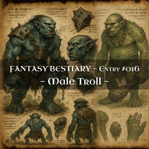 Bestiario de 10 Monstruos Troll Masculinos: Códice de Monstruos, Códice de Fantasía Bestiaria, Manual de Monstruos, Grimorio Medieval, Diario de Baratijas, Accesorios para LARP, DnD