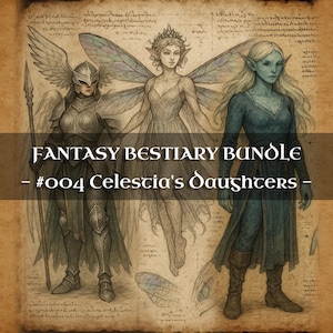 Lote de 30 Hijas de Celestia (Elfa, Valquiria, Hada) - Códice de Monstruos, Grimorio Medieval, Diario de Baratijas, Accesorios para LARP, Bestiario de Fantasía, DnD