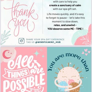 May include: A spa gift set advertisement with a pink and teal color scheme. The text includes phrases like "Hey Beautiful," "Thank You," and "You deserve some ME-TIME!" Additional text encourages relaxation and self-care. The image also features inspirational quotes.