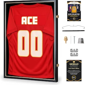 May include: A red sports jersey with the name "ACE" and the number "00" in white, presented in a black framed display case. Accessories include a hanger, key, thimble, and mounting hardware. The case is labelled "ELITE COLLECTOR".