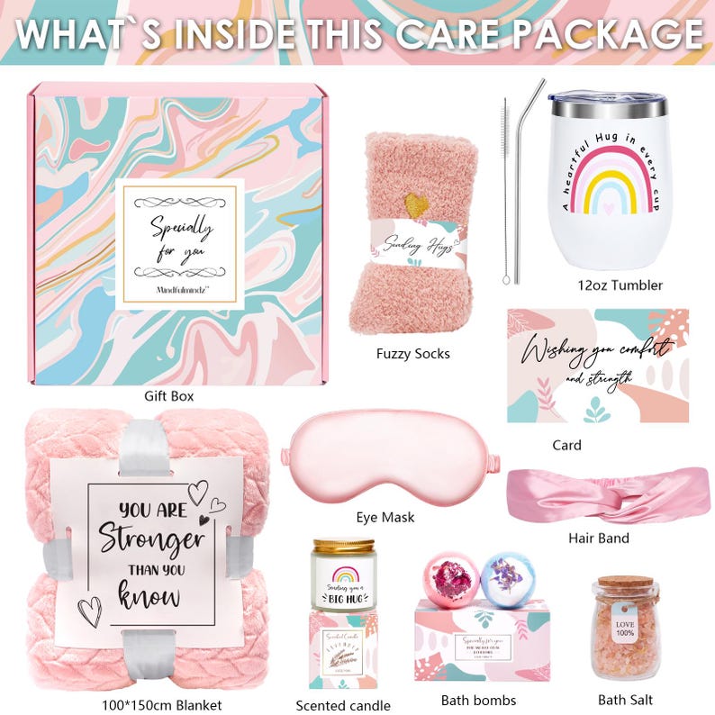 May include: A care package with a variety of self-care items. Includes a gift box, fuzzy socks, a 12oz tumbler, a blanket (100cm x 150cm), an eye mask, a hair band, a scented candle, bath bombs, and bath salt. The package has a pink and white color scheme.
