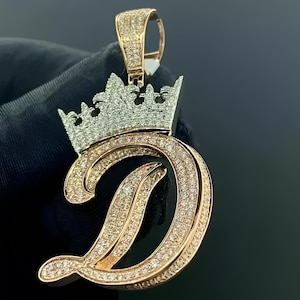 Round Cut Moissanite Diamond D Initial Crown Pendant, Custom Any Letter Pendant 925 Sterling Silver, A-Z Alphabet Pendant