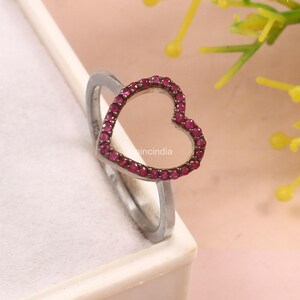 Pave Ruby Heart Ring, 925 Sterling Silver Open Heart Valentines Ring, Girl Friend Proposal Ideas
