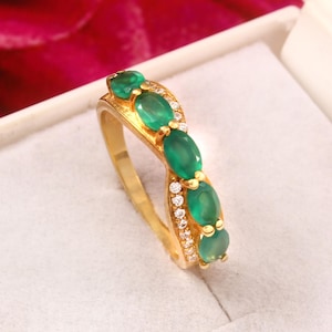 Natural Emerald Band For Her, Gold Vermeil Sterling Silver Statement Ring, Oval cut Green Gemstone Wedding Wear Stackable Ring For Gift
