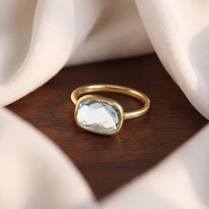 Long Cushion cut Blue Topaz Statement Ring, Yellow Gold Plated Thin Band Wedding Ring For Women