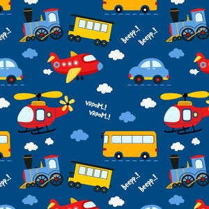 May include: A seamless pattern featuring various modes of transportation, including trains, buses, cars, airplanes, and helicopters, set against a dark blue background. The design incorporates white clouds and text that reads "Beepp..!" and "VROOM..!"