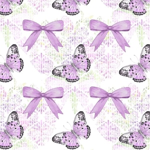 May include: A repeating pattern on a white background featuring light purple bows and butterflies with black-spotted wings. The design includes a faint, translucent, light green and purple decorative floral motif layered behind the main elements.
