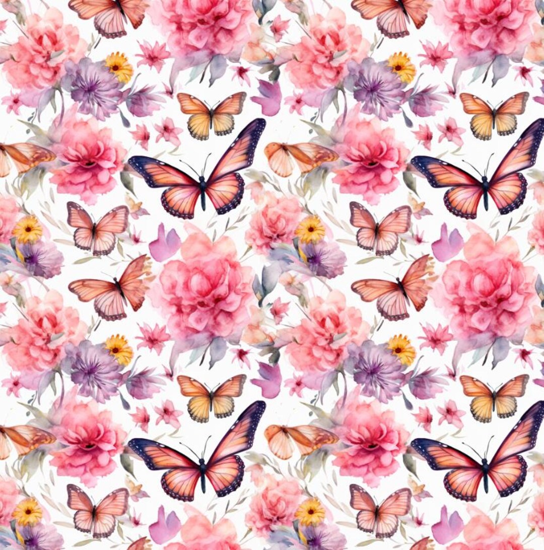 100% Cotton Pink Butterfly Floral Fabric, Sold by Half Yard, Multiple ...