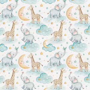 May include: Watercolor pattern featuring elephants, giraffes, crescent moons, clouds, and stars. The design has a soft color palette of blue, yellow, and gray, creating a whimsical and dreamy aesthetic. Perfect for nursery decor or children's products.