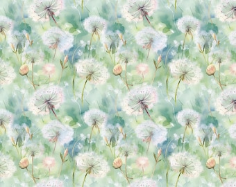 100% Cotton Watercolor Dandelion flowers Cotton Fabric, Sold by half yard, multiple sizes,Sewing Fabric,DIY Handcraft