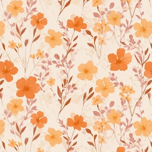 Puede incluir: Un patrón floral continuo con flores naranjas y amarillas, tallos y hojas marrones sobre un fondo crema. El diseño incluye flores y follaje de varios tamaños, creando un tema botánico natural.