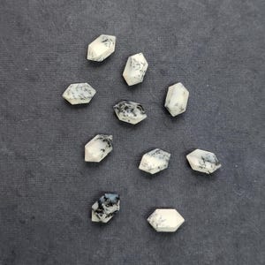 Könnte beinhalten: Eine Sammlung von Dendrit-Opal-Edelsteinperlen. Jede Perle hat die Form eines sechseckigen Prismas mit einer weißen Grundfarbe und komplizierten schwarzen, baumartigen Einschlüssen. Die Perlen sind auf einer dunkelgrauen Oberfläche verstreut.