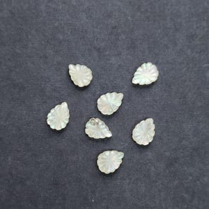 May include: Seven iridescent, petal-shaped beads with a carved, radiating design. The beads are white with a subtle, shimmering effect, scattered on a dark gray surface. These components could be used for jewelry making or other craft projects.