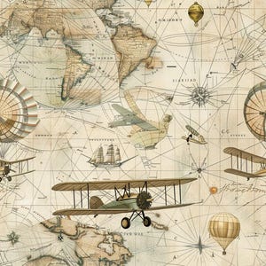 Op de afbeelding: Een behangpatroon in vintage-stijl met een wereldkaart in sepia-tinten als achtergrond, voorzien van complexe navigatielijnen, kompasrozen, zeilschepen, heteluchtballonnen en diverse antieke dubbeldekkers.
