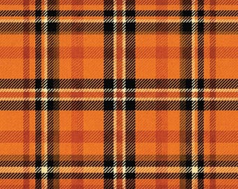 May include: A textile fabric featuring a repeating plaid pattern in vibrant orange, deep brown, and cream. The design consists of intersecting horizontal and vertical lines of varying thicknesses, creating a classic grid-like tartan appearance.