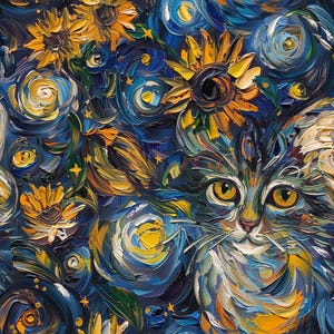 Peut inclure: Une peinture à l'huile représentant un chat aux grands yeux jaunes entouré de tons bleus et sombres tourbillonnants, agrémentée de tournesols jaune vif et de petites formes étoilées. Les coups de pinceau épais créent une composition dynamique.