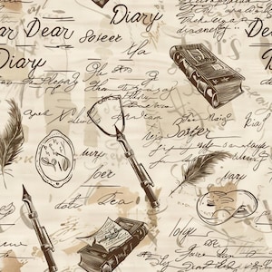 May include: A beige patterned fabric featuring dark brown illustrations of vintage fountain pens, quill feathers, leather-bound books, and oval frames. The design includes handwritten cursive script and the repeated word Diary.