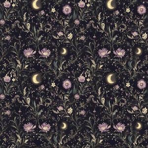 May include: A dark fabric pattern featuring a repeating design of purple flowers, thin green stems, and small yellow blossoms interspersed with glowing golden crescent moons against a deep black background, creating a dense botanical illustration.
