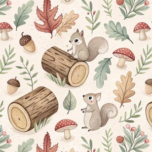 Puede incluir: Ilustración repetida con elementos del bosque. El diseño presenta ardillas, setas, bellotas, hojas y troncos en un estilo acuarela suave. La paleta de colores está dominada por tonos tierra de marrón, beige y verde.