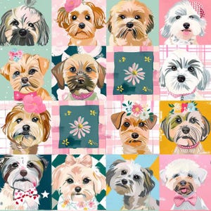 Peut inclure: Une grille de seize panneaux carrés présentant des illustrations stylisées de petits chiens, certains portant des couronnes de fleurs, des nœuds ou des colliers. Les motifs de fond incluent des couleurs unies, des carreaux et des fleurs.