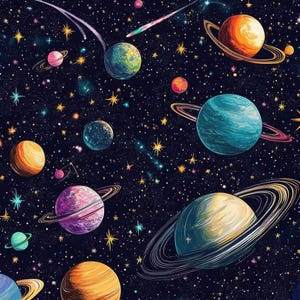 Pode incluir: Ilustração colorida de um céu noturno cheio de planetas, estrelas e estrelas cadentes. Os planetas apresentam anéis e várias cores, incluindo laranja, azul, rosa e verde. O fundo é azul marinho escuro.