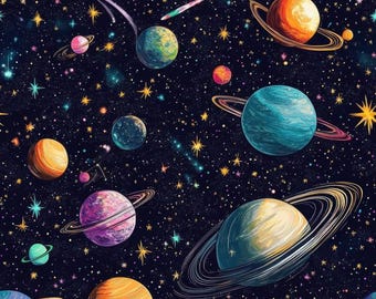 May include: A colourful illustration of a night sky filled with planets, stars, and shooting stars. The planets feature rings and various colours, including orange, blue, pink, and green. The background is a deep navy blue.