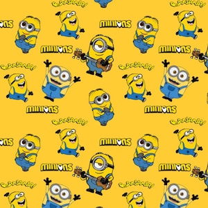 May include: A repeating pattern featuring Minions characters on a yellow background. The Minions are depicted in various poses, some playing instruments, with the word "Minions" and "Banana!" scattered throughout.