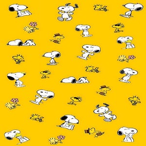 May include: A vibrant yellow fabric featuring a repeating pattern of the white beagle Snoopy and the small yellow bird Woodstock in various poses, including sitting, walking, and lying down, interspersed with small pink and purple flowers.