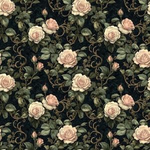 Puede incluir: Un patrón repetitivo que presenta rosas de color rosa pálido y hojas verdes sobre un fondo negro. El diseño incluye intrincados detalles de enredaderas doradas en espiral que se entrelazan entre los elementos florales en la superficie.