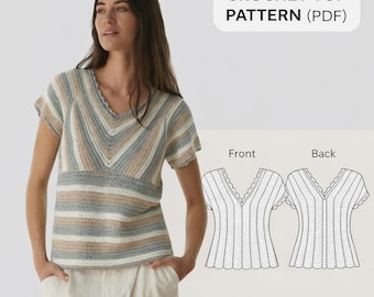 Patrón de blusa de crochet con cuello en V / Blusa de manga corta para mujer (PDF)