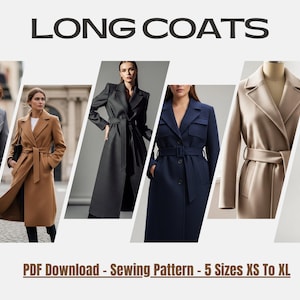 Puede incluir: Imagen que muestra varios abrigos largos de diferentes colores y estilos. Los abrigos incluyen opciones grises, beige, negras y azul marino, todos con cinturón en la cintura. El texto "LONG COATS" se encuentra en la parte superior de la imagen.