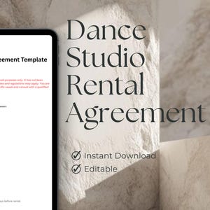 May include: A digital tablet shows a "Dance Studio Rental Agreement Template" document. The document includes fields for details and a disclaimer. The image also features the text "Dance Studio Rental Agreement", "Instant Download", and "Editable".