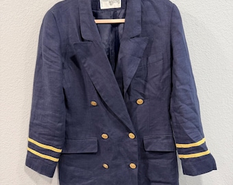 VTG Womens M Linen Navy Blue Double Breasted Nautical Blazer Gold Buttons Russia