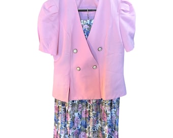 VTG Womens Med 14 Pink Blazer & Floral Pleated Skirt Set Pearl Gold Buttons USA
